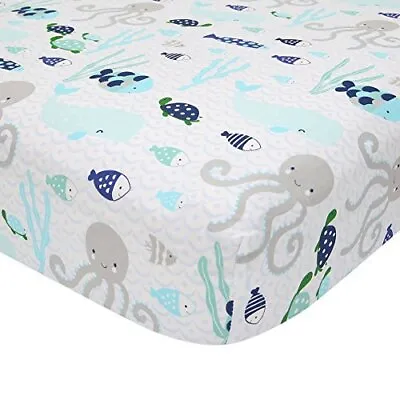 Oceania 100% Cotton Fitted Crib Sheet - White With Blue Nautical/Aquatic Fish... • $36.29