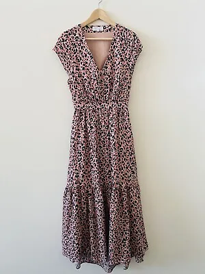 Witchery Linen Maxi Dress Size 10 Pink Print Cut Out Back Cap Sleeve Waist Tie • $76