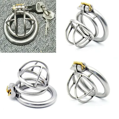 Male Small Metal Lock Chastity Belt Stainless Steel Chastity Cage Device BDSM • £8.39