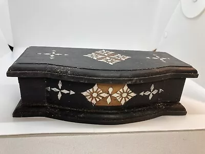 Vintage Wooden Box With Decorative Inlay (MOP?) 8.75 L / 2 Hinges • $3.95