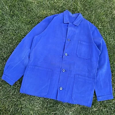 Vintage Blue Faded Cotton French Distressed Chore Workwear Jacket • $65