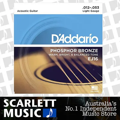 $14.95 • Buy D'Addario EJ16 Phosphor Bronze Light Acoustic Strings 12-53 Daddario EJ-16