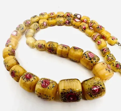 Murano Venetian Custard Millefiori Glass Beaded Necklace Vintage Jewelry • $124.50