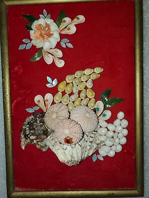 Vintage Wall Art On Velvet Red Framed FLORAL PICTURE From Wariety Tips Seashells • $45