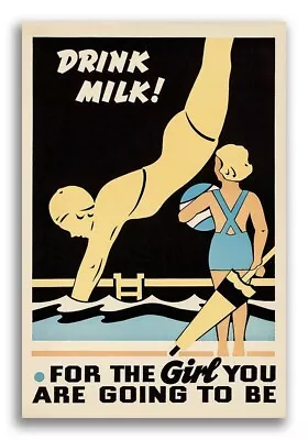 1930s Drink Milk! Vintage Style Girl Diving Health Poster - 16x24 • $13.95