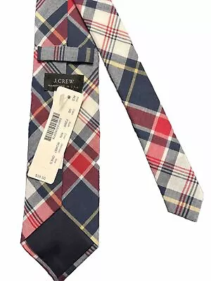 J CREW NECK TIE Blue White Red Hand Made In U.S.A. Cotton Plaid NWT Multi Color • $16