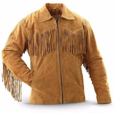 Men Native American Brown Cowboy Leather Fringe Suede Western Jacket With Zipper • $109.99