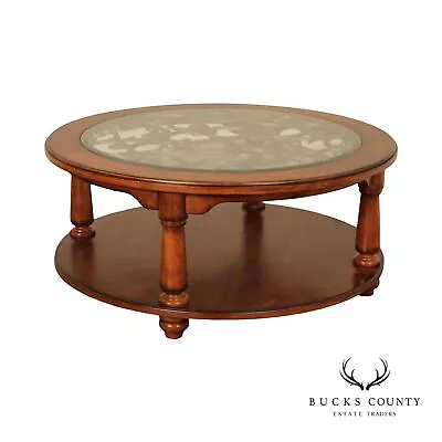 Rustic European Style Wood And Glass Top Iron Scroll Round Cocktail Table • $495