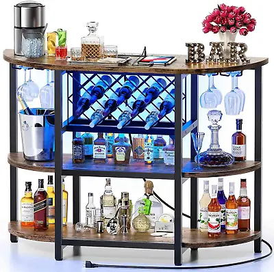 Bar Table Cabinet With Power Outlet LED Home Mini Bar For Liquor Metal Wine Ba • $301.99