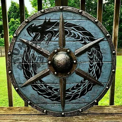 Viking Runes Helm Of Awe Aegishjalmur Norse Pattern Wooden Round Shield LARP • $79.99