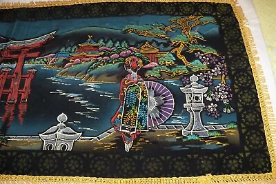 VINTAGE BLACK VELVET ASAIN DESIGN HANDPAINTED TAPESTRY 18  X 44  • $19.96