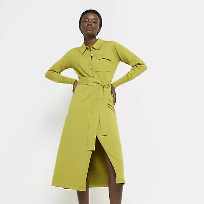 £10 • Buy River Island Womens Shirt Dress Green Long Sleeve Collared Midi Knitted Casual