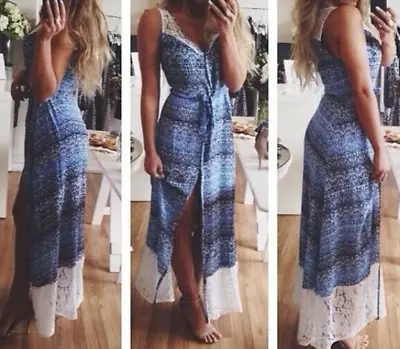 TIGERLILY Sacha Lace Maxi Dress Size 12 Blue With White Summer Boho RRP $199 • $64.99