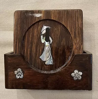 Set Of 6 Vintage Wood & Abalone Shell Coasters With Holder Japanese Woman Girl • $24.99