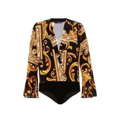 Quiz Clothing - Black/Gold Scarf Print Bodysuit UK Size 10 Brand New • £19.99