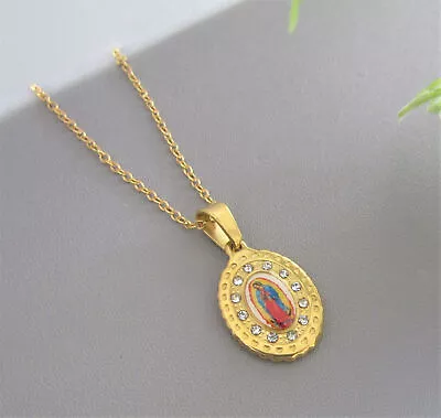 Rhinestone Our Lady Guadalupe Necklace Virgen De Guadalupe Pendant Gold Plate • $15.99