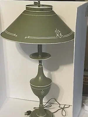 Vintage Green Metal Table Lamp With White Design MCM • $40