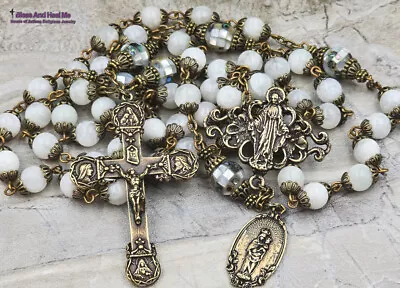 Miraculous Mary Lady Of The Pillar Jesus Moonstone MOP Vintage Bronze Rosary • $179