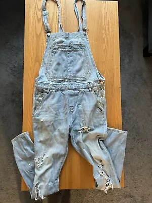 Zara Man Medium Blue Wash Distressed Skinny Leg Denim Overalls Size Small • $29.99