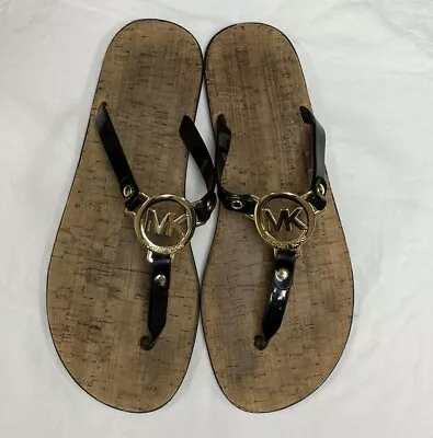 MICHAEL KORS BLACK Size 9M Logo Charm Jelly Cork Bottom Flip Flop Thong Sandals • $19.99