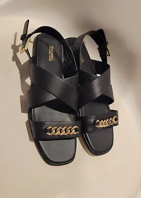 Michael Kors Womens 9.5 Shawna Sandals Black Strap Buckle Chain Faux Leather NEW • $84
