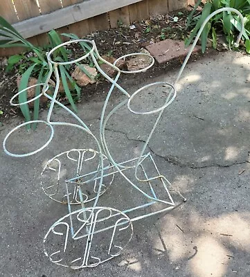 Antique VTG Metal Wire Plant Stand Rack Rolling Cart Handle Lawn Garden Patio • $42.49