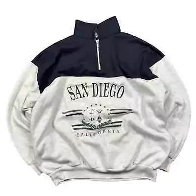 Vintage San Diego Cali Mock Neck Quarter Zip Grey And Navy Sweatshirt Men's XL • $20