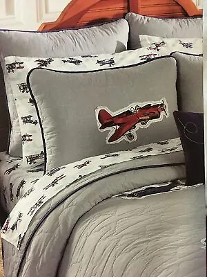 Sky Hawk Vintage Airplane Bi-Plane Quilted Pillow Sham Grey Red - NWT - Standard • $19.95