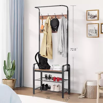 Industrial Coat Rack Hall Tree Entryway Shoe Bench Home Storage Shelf W/ 8 Hooks • $44.99