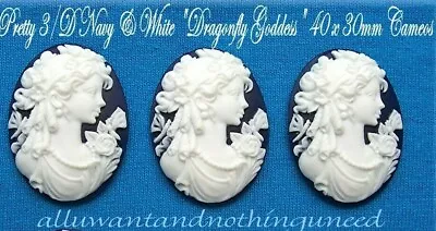 3 WHITE ON NAVY BLUE DRAGONFLY GODDESS LADY 40mm X 30mm Costume Jewelry CAMEOS • $3.49