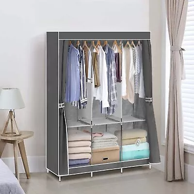 Large Triple Fabric Canvas Wardrobe Clothes Cupboard Hanging Rail Storage Closet • £18.99