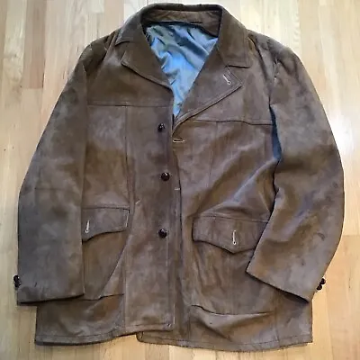 Vtg Leather Suede Brown Jacket  Tri Button Peak Collar Mens 2XL Tall No Lining • $44