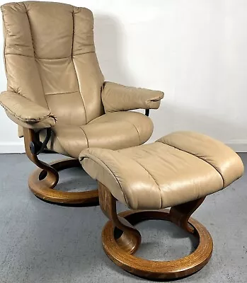 Ekornes Stressless Sand Leather Medium Swivel Recliner And Ottoman  Mayfair  • $1195