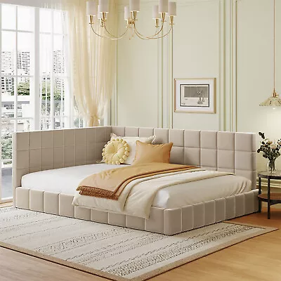 Full Size Daybed Upholstered Bed Frame Sofa Bed Wood Slat Support Beige US • $369.99