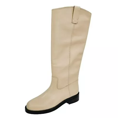 J Crew Knee High Leather Riding Boots 8 Beige Pull On Stacked Heel Tab BA768 New • $145.83