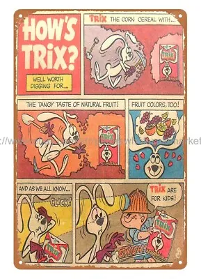 1960s TRIX CEREAL COMIC ADS Metal Tin Sign Home Decor Wall Art • £18.24