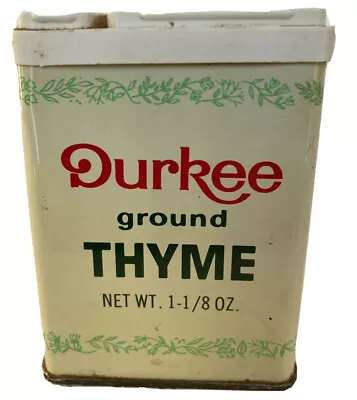 Vintage Durkee’s Ground Thyme Metal Collectible Spice Tin Green Trim 1 1/8 Oz • $4.49