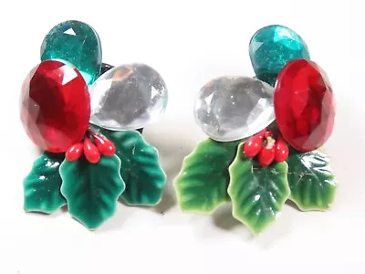 Vintage Christmas Earrings Clip Plastic Jewels Holly Berry C5465 • $7.08