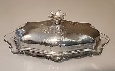 Vintage Clear Pressed Glass Butter Dish With Aluminum Flowered Ornate Metal Lid • $14.99