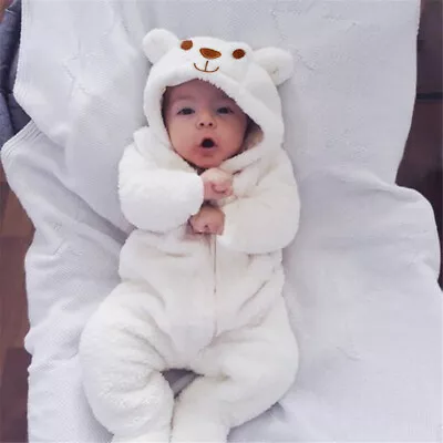 Bear Fleece Romper Newborn Baby Infant Boy Girl Hooded Jumpsuit Clothes Clothing • $26.05