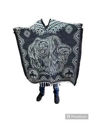 Xxl Mexican Poncho   Buffalo  Howling Wolf  Blanket  Black - Gray • $45