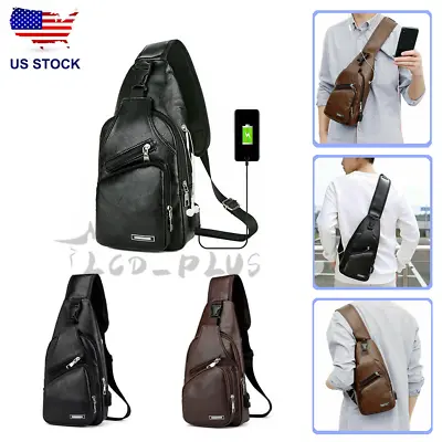 Mens PU Leather Sling Pack Chest Shoulder Crossbody Bag USB Charging Port Sport • $9.98