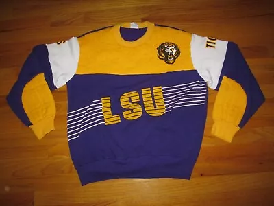 LSU TIGERS Vtg 80s 90s PADDED Chalk Line Crew Neck Sweater Sweatshirt Jacket L • $149.99