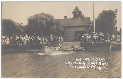 1910 Michigan City Indiana - REAL PHOTO Life Saving Station And Boat  • $19.99