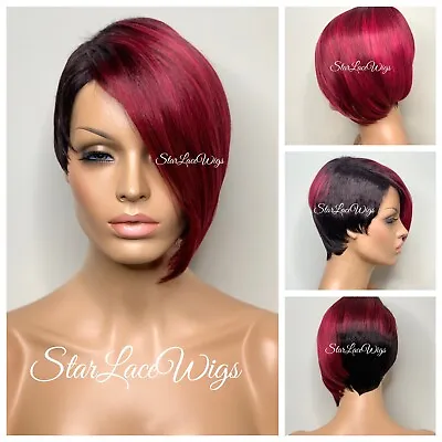 Pixie Cut Wig Red Black Bob Wig With Bangs Short Straight Asymmetrical Cosplay • $50.02