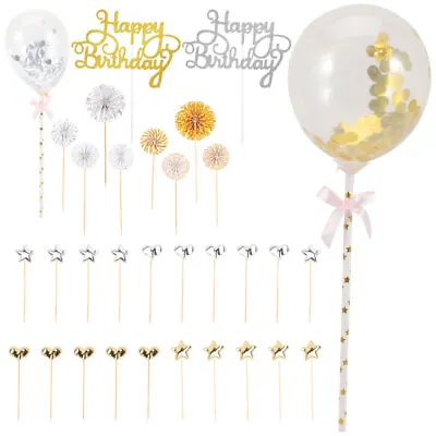  2 Sets Cake Sticks Edible Gold Girls Suit Happy Birthday Ballons Props • £6.95