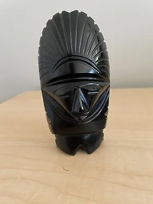 Black Obsidian Carved Aztec Mayan Volcanic Stone Figurine Tiki Totem 5.25  Tall • $23.95