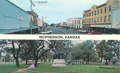 Mcpherson Kansas 2 Views: Street Gambles Sign Statue Chrome Postcard • $7.50