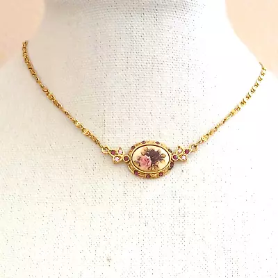 1928 Gold Floral Collar Necklace Vintage Pink Rose Cameo Pendant Made In USA • $19.95