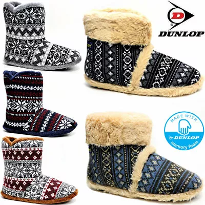 Mens Slippers Dunlop Ankle Fleece Fur Warm Lined Fairisle Memory Foam Boots Shoe • £11.99